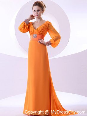 Long Sleeves V-neck Beading and Ruching Brush Mother of Groom Dress