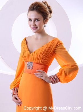 Long Sleeves V-neck Beading and Ruching Brush Mother of Groom Dress