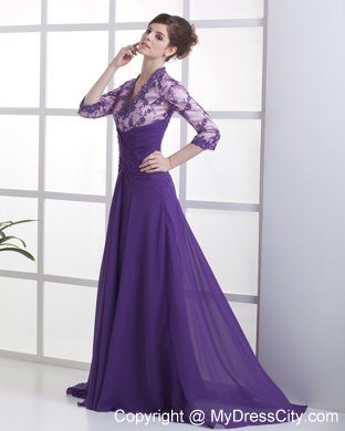 3 4 Sleeves Lace with Beading V-neck Purple Mother Bride Guests Dress