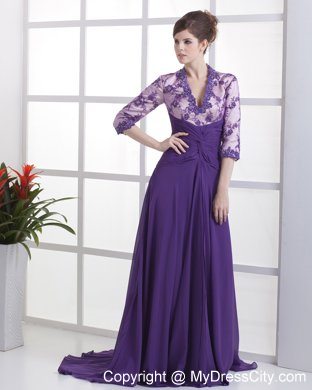 3 4 Sleeves Lace with Beading V-neck Purple Mother Bride Guests Dress