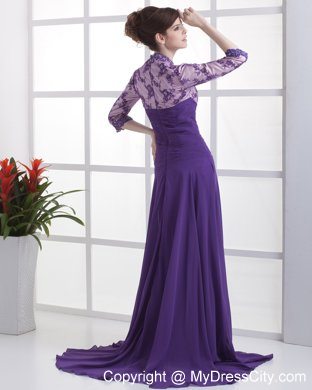 3 4 Sleeves Lace with Beading V-neck Purple Mother Bride Guests Dress