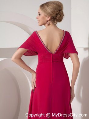 V-neck Floor-length Coral Short Sleeves Mother of the Bride Dress