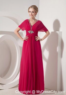 V-neck Floor-length Coral Short Sleeves Mother of the Bride Dress