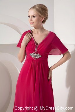 V-neck Floor-length Coral Short Sleeves Mother of the Bride Dress