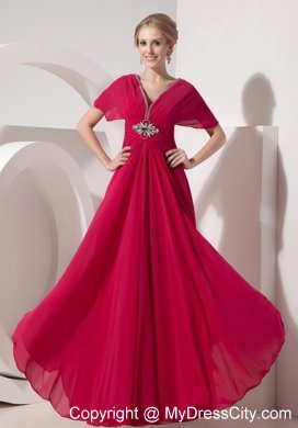 V-neck Floor-length Coral Short Sleeves Mother of the Bride Dress