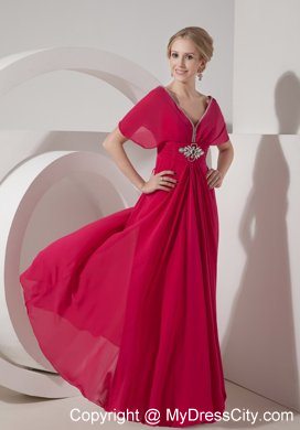 V-neck Floor-length Coral Short Sleeves Mother of the Bride Dress