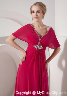 V-neck Floor-length Coral Short Sleeves Mother of the Bride Dress