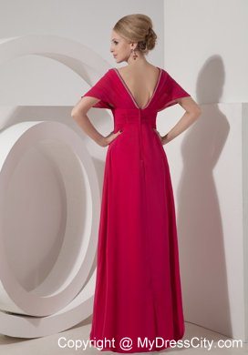 V-neck Floor-length Coral Short Sleeves Mother of the Bride Dress