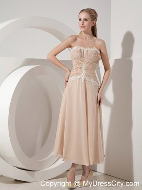 Champagne Pleadted Strapless Tea-length Appliques Mothers Dress