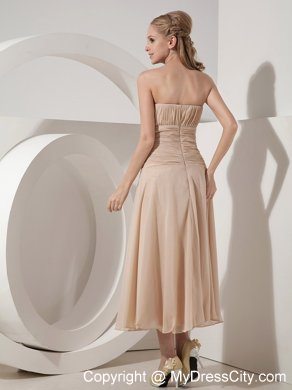 Champagne Pleadted Strapless Tea-length Appliques Mothers Dress