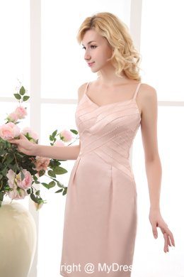 Pink Beaded Straps Mini-length Ruching Mother Of The Bride Dress