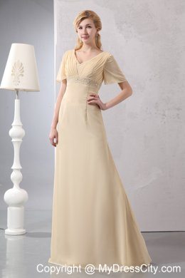 Light Yellow Empire V-neck Beading Dress for Mothers With Sleeves