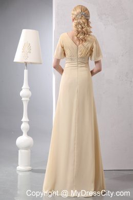 Light Yellow Empire V-neck Beading Dress for Mothers With Sleeves