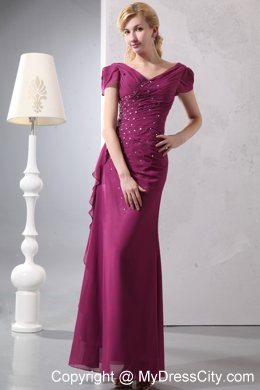 Burgundy Column V-neck Ruching and Beading Mother Dresses