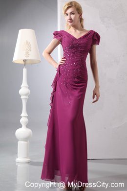 Burgundy Column V-neck Ruching and Beading Mother Dresses