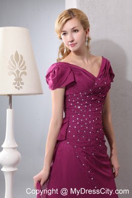 Burgundy Column V-neck Ruching and Beading Mother Dresses