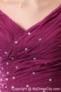 Burgundy Column V-neck Ruching and Beading Mother Dresses