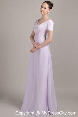 Lilac V-neck Satin and Chiffon Ruching Mother Of The Bride Dress