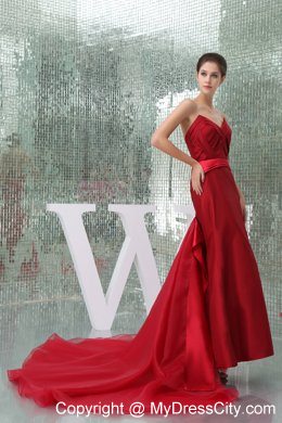 Wine Red Ruffled Sweetheart Watteau Train Mother Of The Bride Dresses