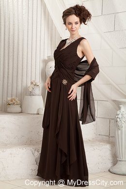 Brown Pleated V-neck Floor-length Mother Of The Bride Dress