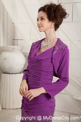 Purple Dropped Neckline Ruching Mothers Dresses with Appliques