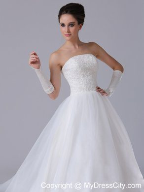 Strapless Lace Chapel Train Puffy Bridal Gown with Lace-up Back