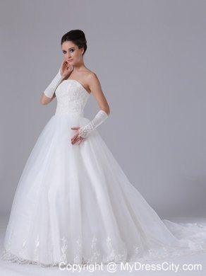 Strapless Lace Chapel Train Puffy Bridal Gown with Lace-up Back