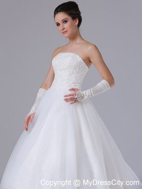 Strapless Lace Chapel Train Puffy Bridal Gown with Lace-up Back