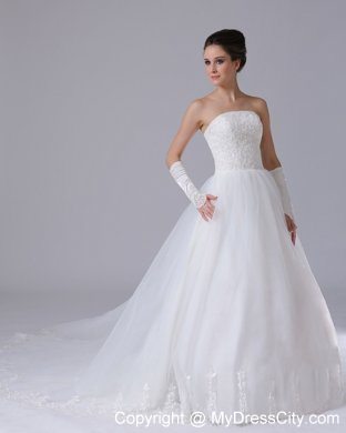 Strapless Lace Chapel Train Puffy Bridal Gown with Lace-up Back