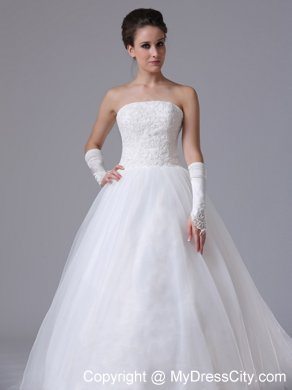 Strapless Lace Chapel Train Puffy Bridal Gown with Lace-up Back