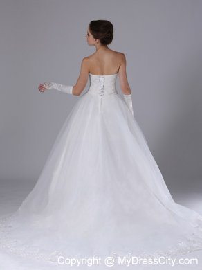 Strapless Lace Chapel Train Puffy Bridal Gown with Lace-up Back