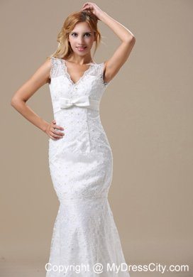 Sash V-neck Beading Lace Bridal Gowns With Mermaid Brush Train