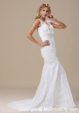 Sash V-neck Beading Lace Bridal Gowns With Mermaid Brush Train