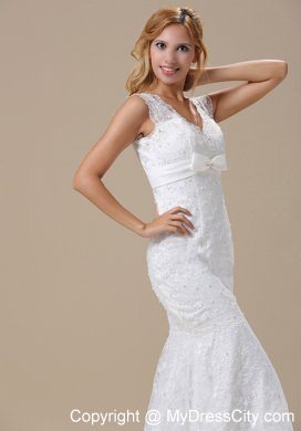 Sash V-neck Beading Lace Bridal Gowns With Mermaid Brush Train