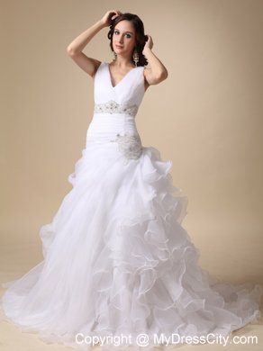 V-neck Ruffles Court Train Wedding Dress with Beading Sash