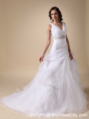 V-neck Ruffles Court Train Wedding Dress with Beading Sash