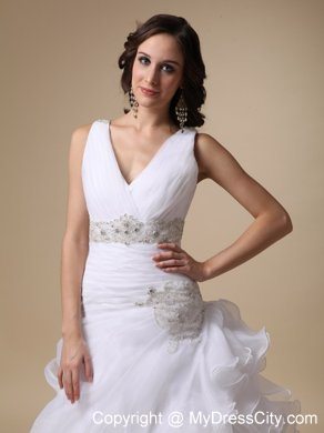 V-neck Ruffles Court Train Wedding Dress with Beading Sash