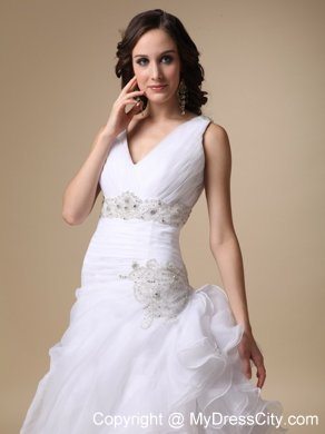 V-neck Ruffles Court Train Wedding Dress with Beading Sash