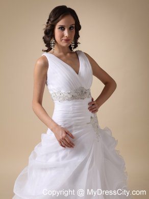 V-neck Ruffles Court Train Wedding Dress with Beading Sash