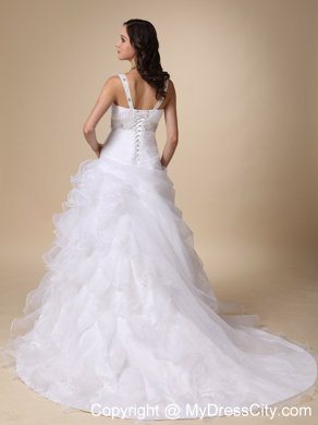 V-neck Ruffles Court Train Wedding Dress with Beading Sash