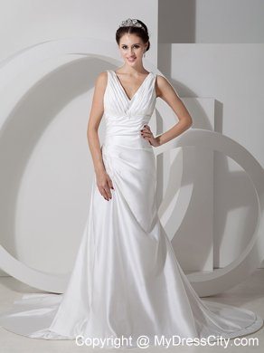 Clasp Handle V-neck Court Train Ruche and Appliques Bridal Dresses