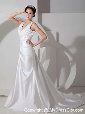 Clasp Handle V-neck Court Train Ruche and Appliques Bridal Dresses