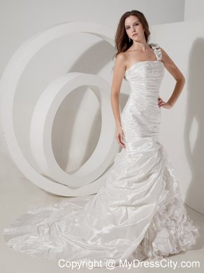 Ruching and Ruffles Hand Made Flowers Court Train Bridal Dress