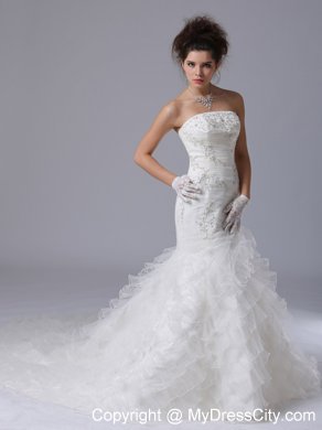 Mermaid Layers Court Train Wedding Dresses with Button Down Back