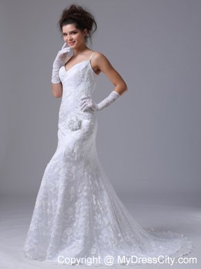 Spaghetti Straps Lace Flowers Garden Wedding Dress with High Slit inside