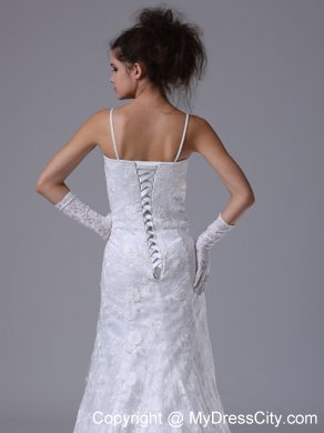 Spaghetti Straps Lace Flowers Garden Wedding Dress with High Slit inside