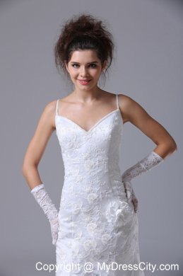 Spaghetti Straps Lace Flowers Garden Wedding Dress with High Slit inside