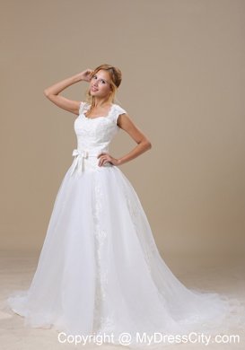 Princess Short Sleeves and Lace Bodice Wedding Dress with Bowknot Belt