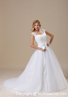 Princess Short Sleeves and Lace Bodice Wedding Dress with Bowknot Belt