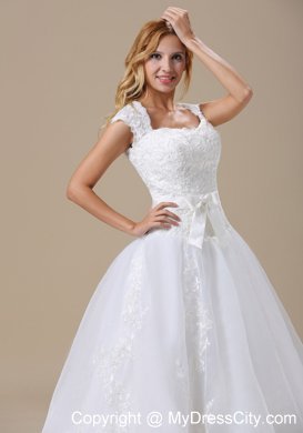 Princess Short Sleeves and Lace Bodice Wedding Dress with Bowknot Belt